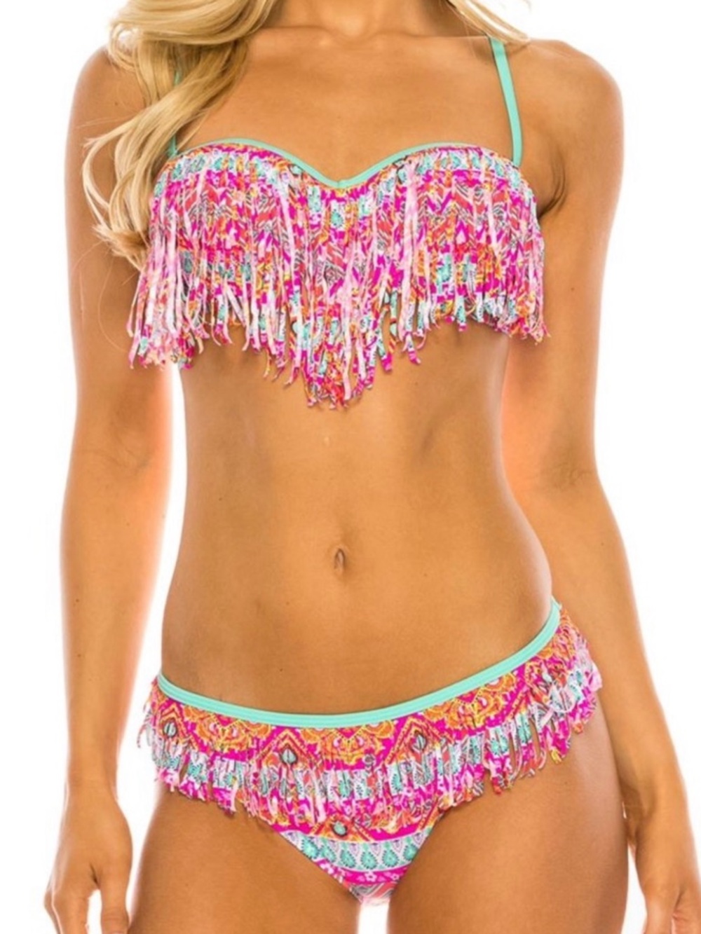 Raisins Fringed Strapless Bikini Set in Pink & Aqua